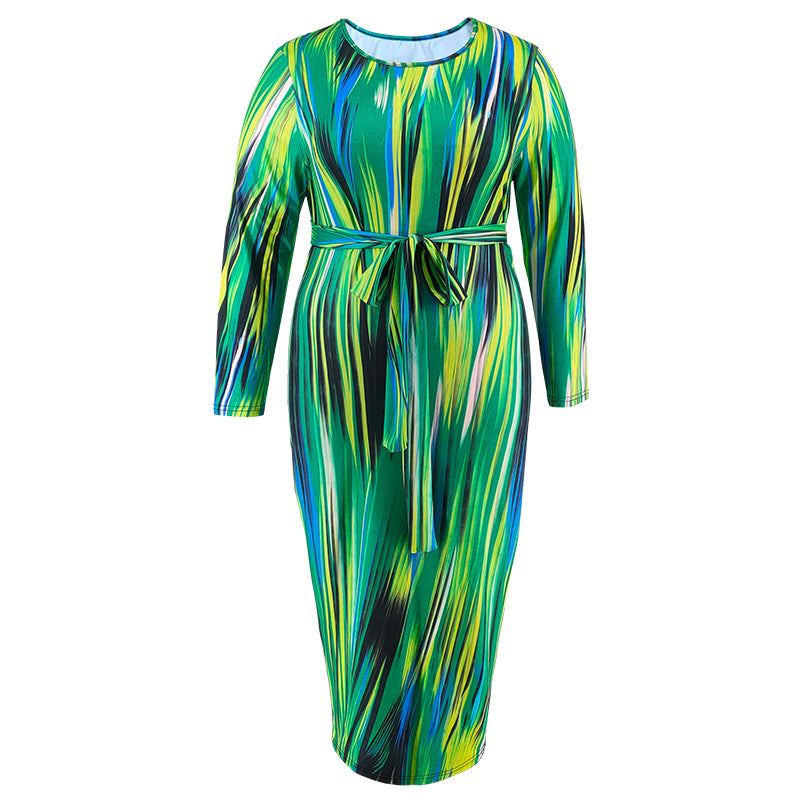 Plus Size Women's Round Neck Long Sleeve Irregular Striped Long Dress 5