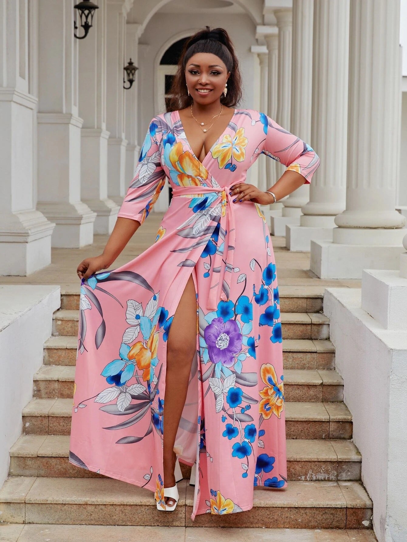 Women V-neck Half-Sleeve Slit Dress Bohemian Beach Maxi Dress 3