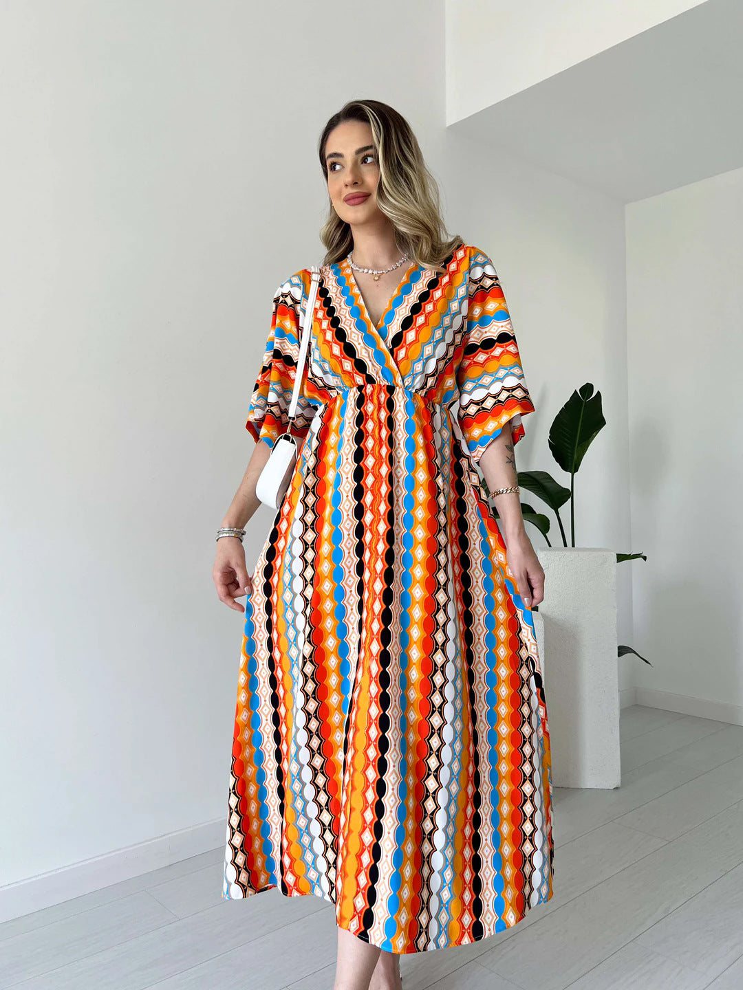 Women's fashion Holidays style striped print v-neck long dress 3