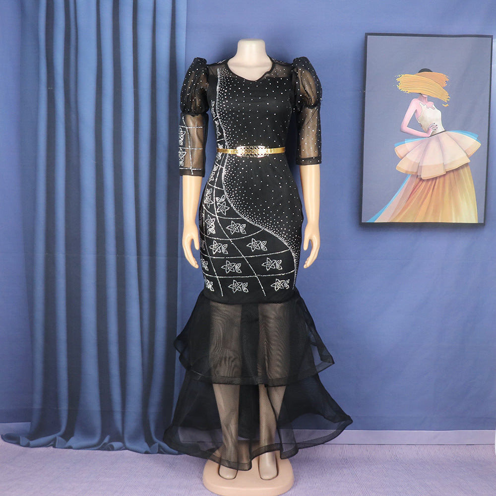 Women African mesh beaded fishtail dress with belt