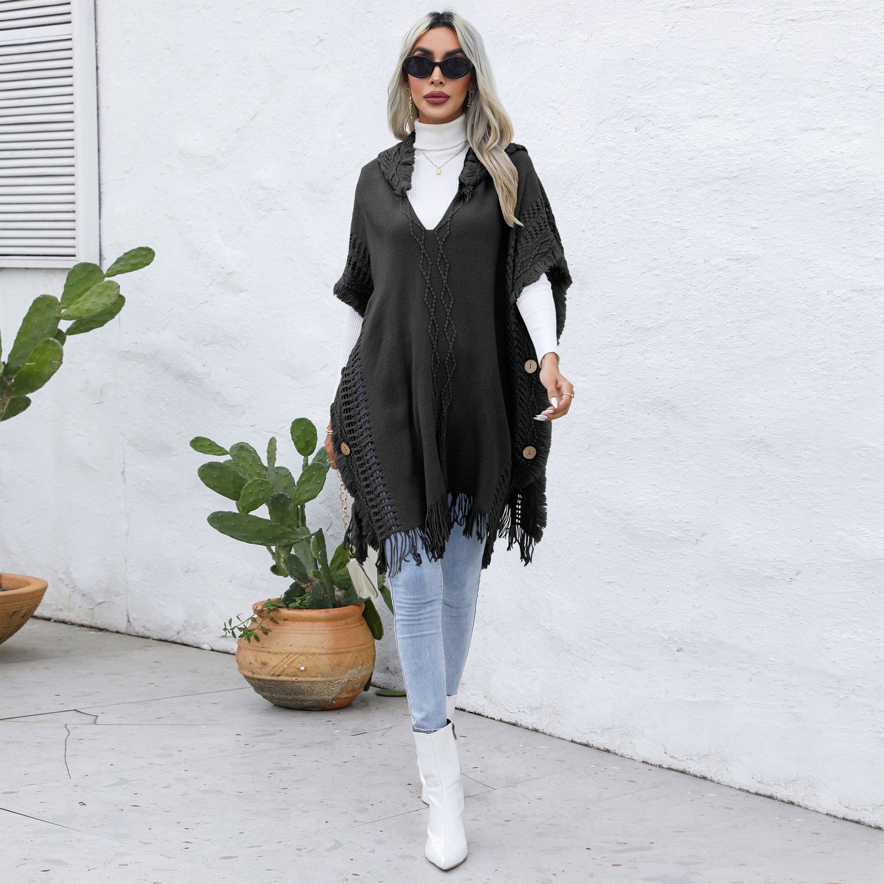 Women Casual Loose v-tie hat vest cloak sweater jacket 4