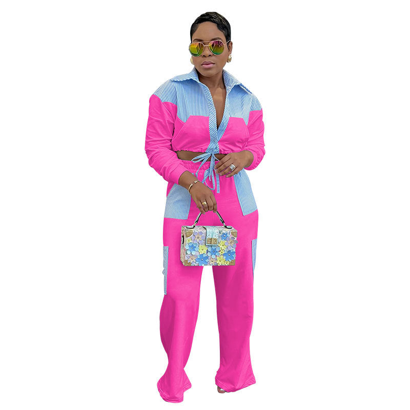 Women Casual striped color-blocked long-sleeved shirt and trousers two-piece set 9