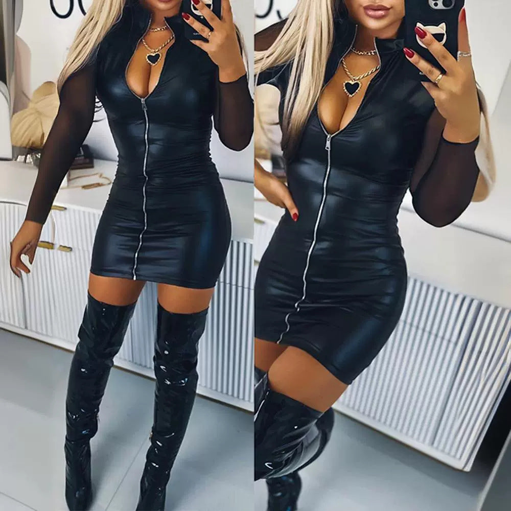 Women's Mesh Sleeves Zipper Leather Bodycon Dress