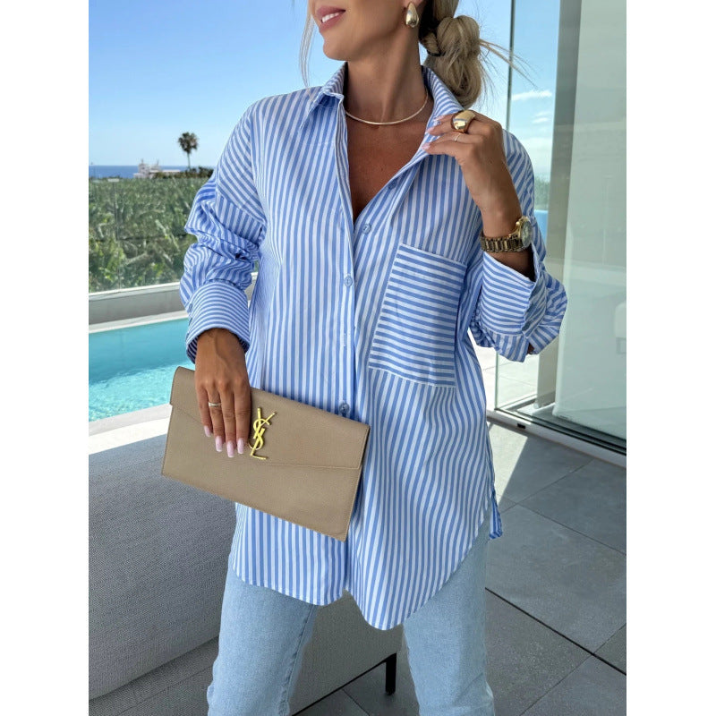 Women Pocket Stripe Long Sleeve Shirt 7