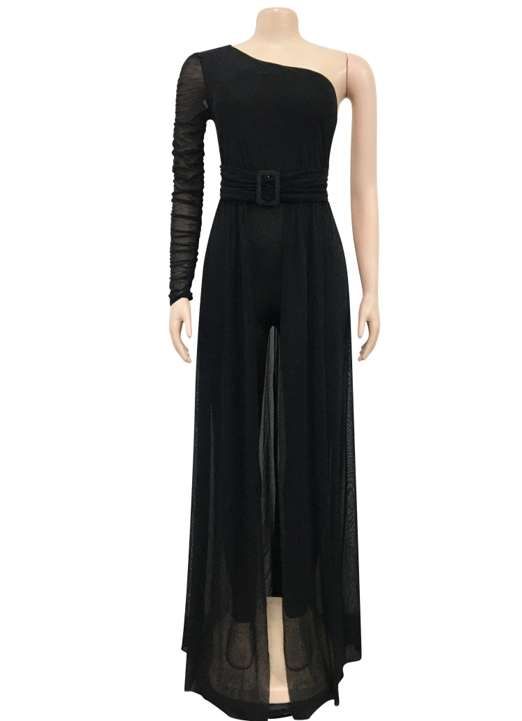 Women Summer Black Romantic Slash Neck Full Sleeves Solid Mesh Ripped Full Length Regular Jumpsuit 5