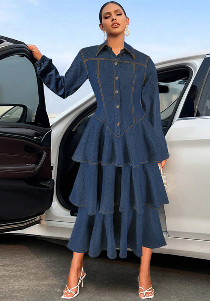 Women's Clothing Turndown Collar Long Sleeve Cascading Ruffles  Denim Long Dress