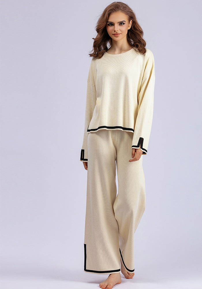Autumn And Winter Chic Contrast Color Split Long Sleeve Knitting Top High Waist Wide Leg Pants Two-Piece Set