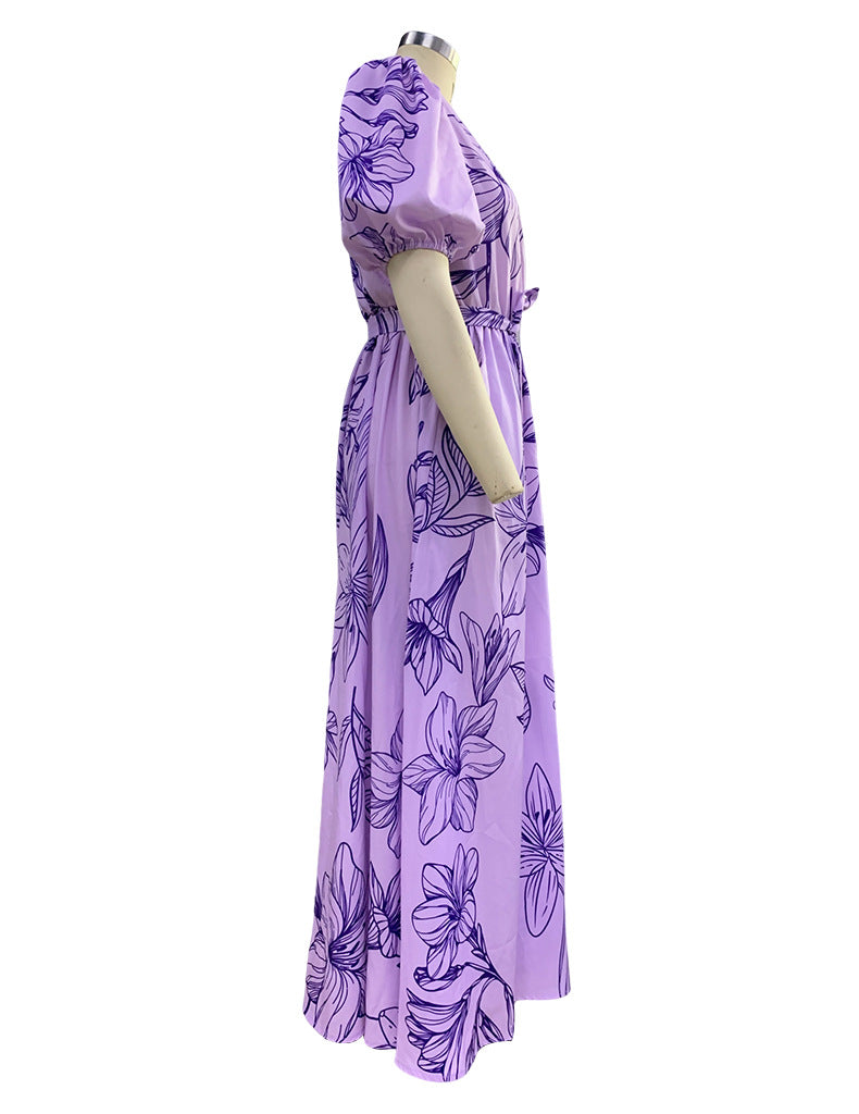 Summer Ladies Fashion V Neck Loose Maxi Print Dress 16