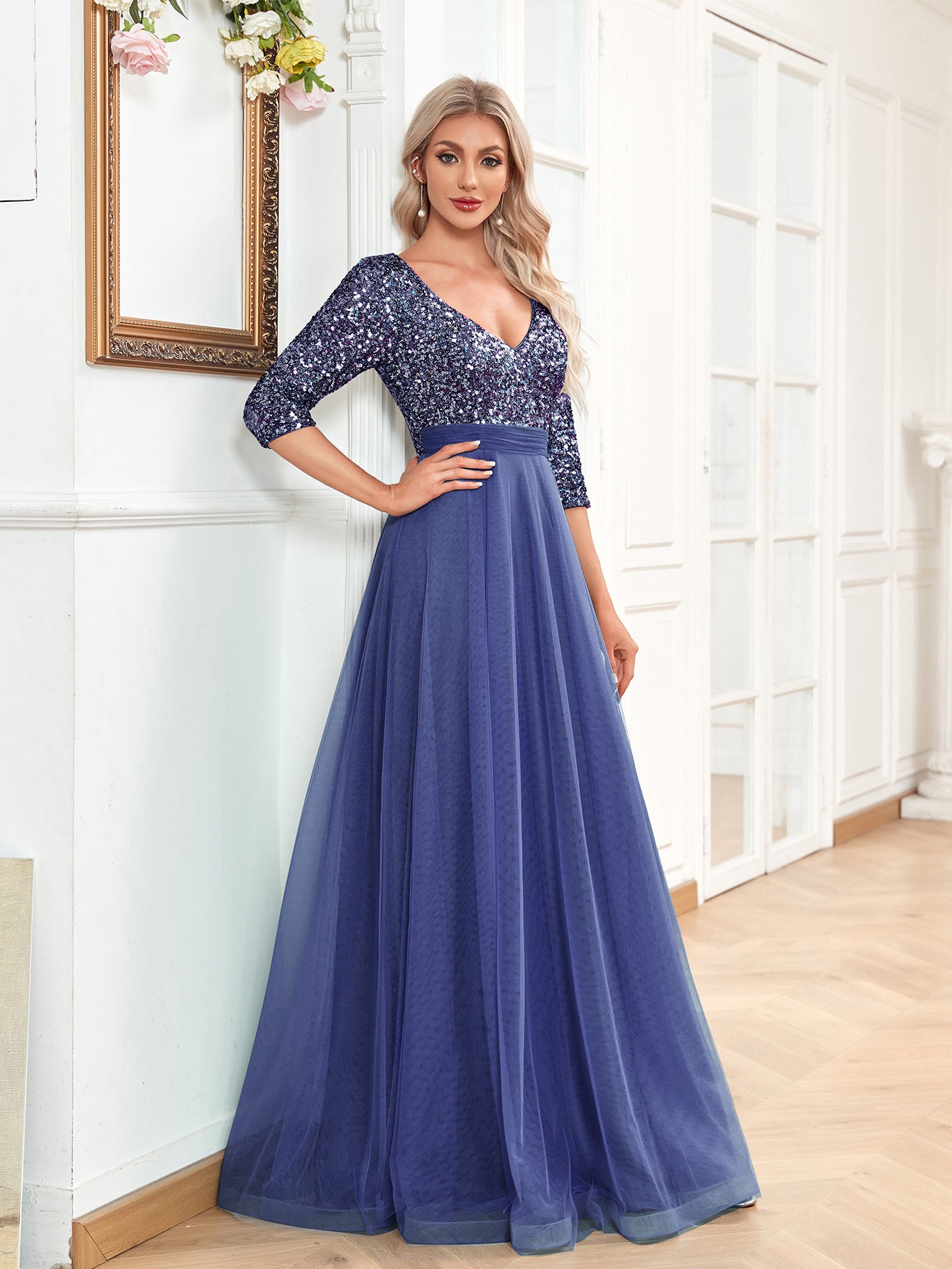 Women v-neck short-sleeved sequined elegant prom party evening dress 14