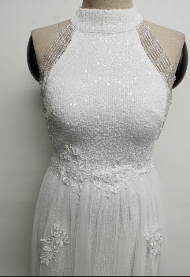 Summer Occassional White Sequin Mesh Patch Halter Evening Dress 8