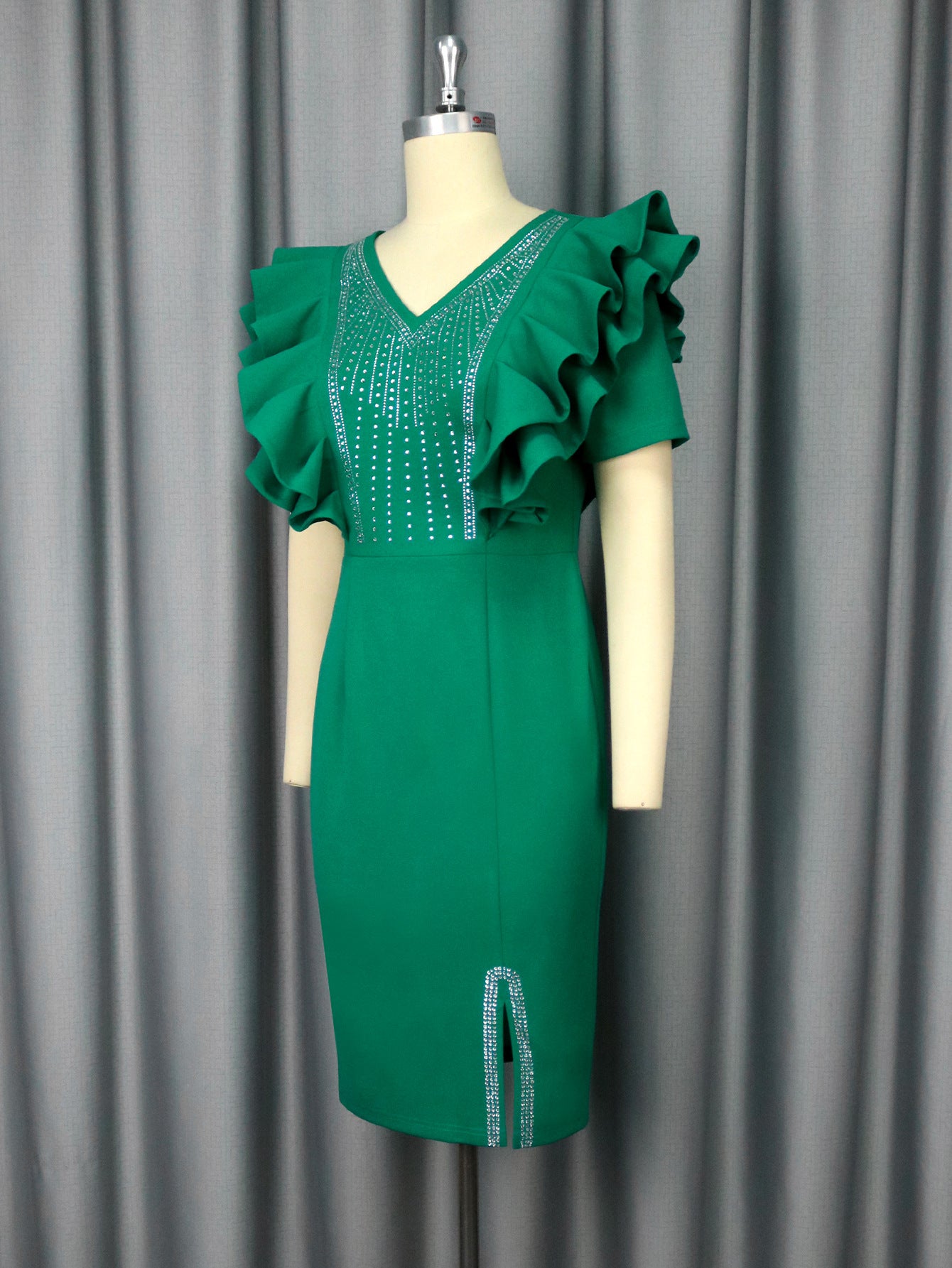 Women Sexy V-Neck Ruffle Beaded Slit Formal Party Bodycon Dress 5