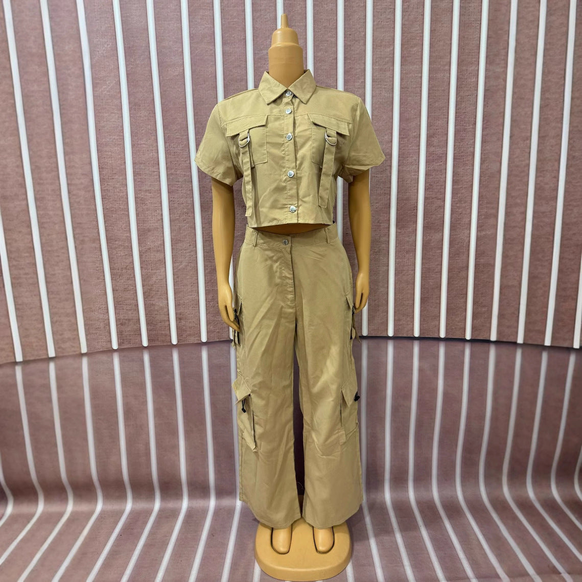 Women Ribbon Short Sleeve Top and Cargo Pants Two-Piece Set 6