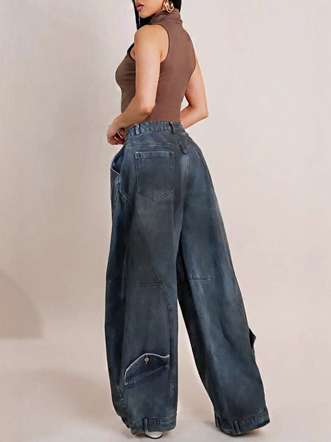 Women Retro Washed Reverse Waist Denim Pants 3