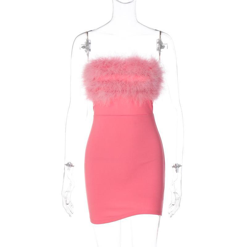 Summer Sexy Low Back Chic Furry Strapless Bodycon Dress Women 9