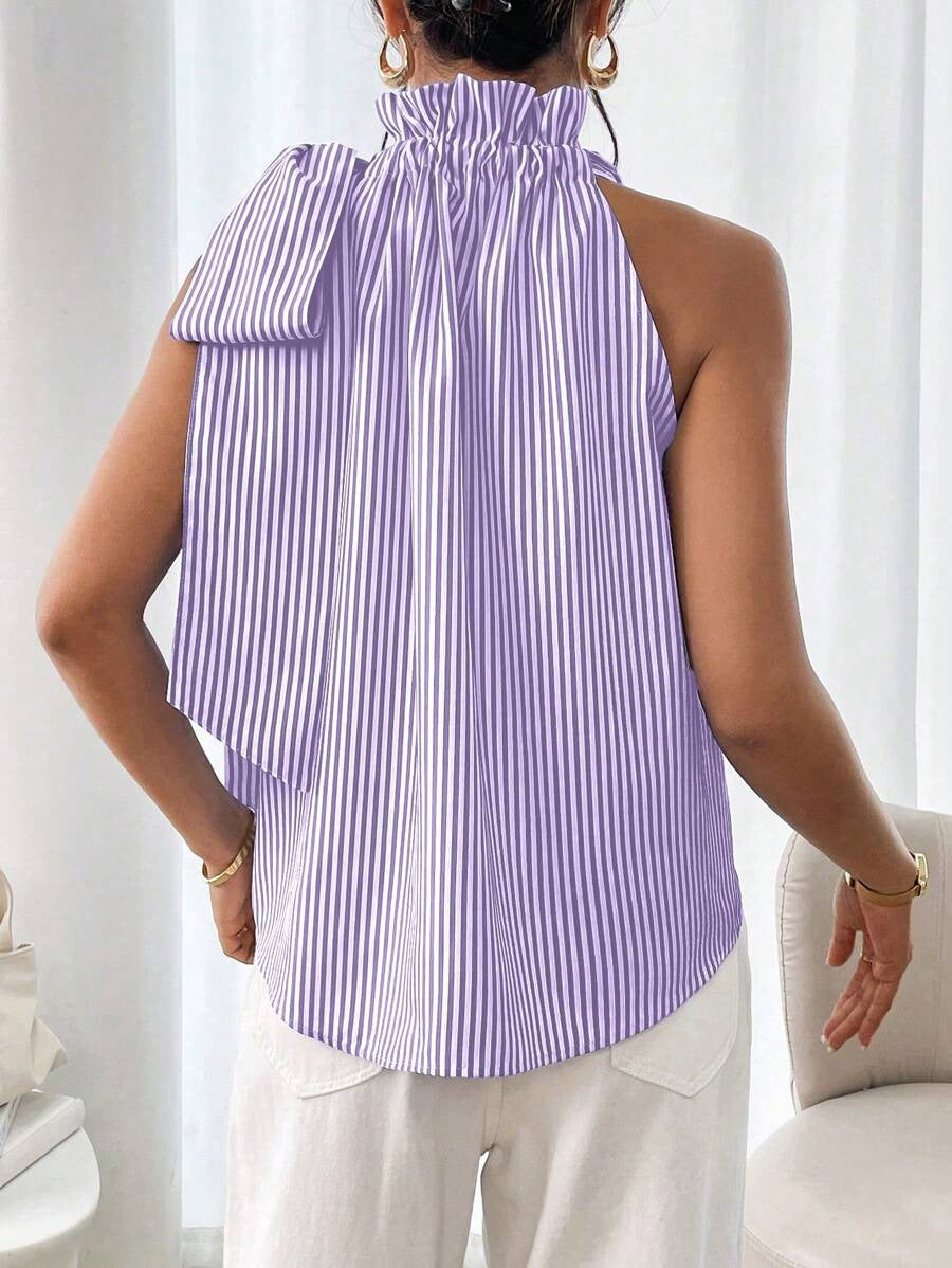 Fashion Sleeveless Striped Lace High Neck Tie Knot Women's T-shirt Top 26