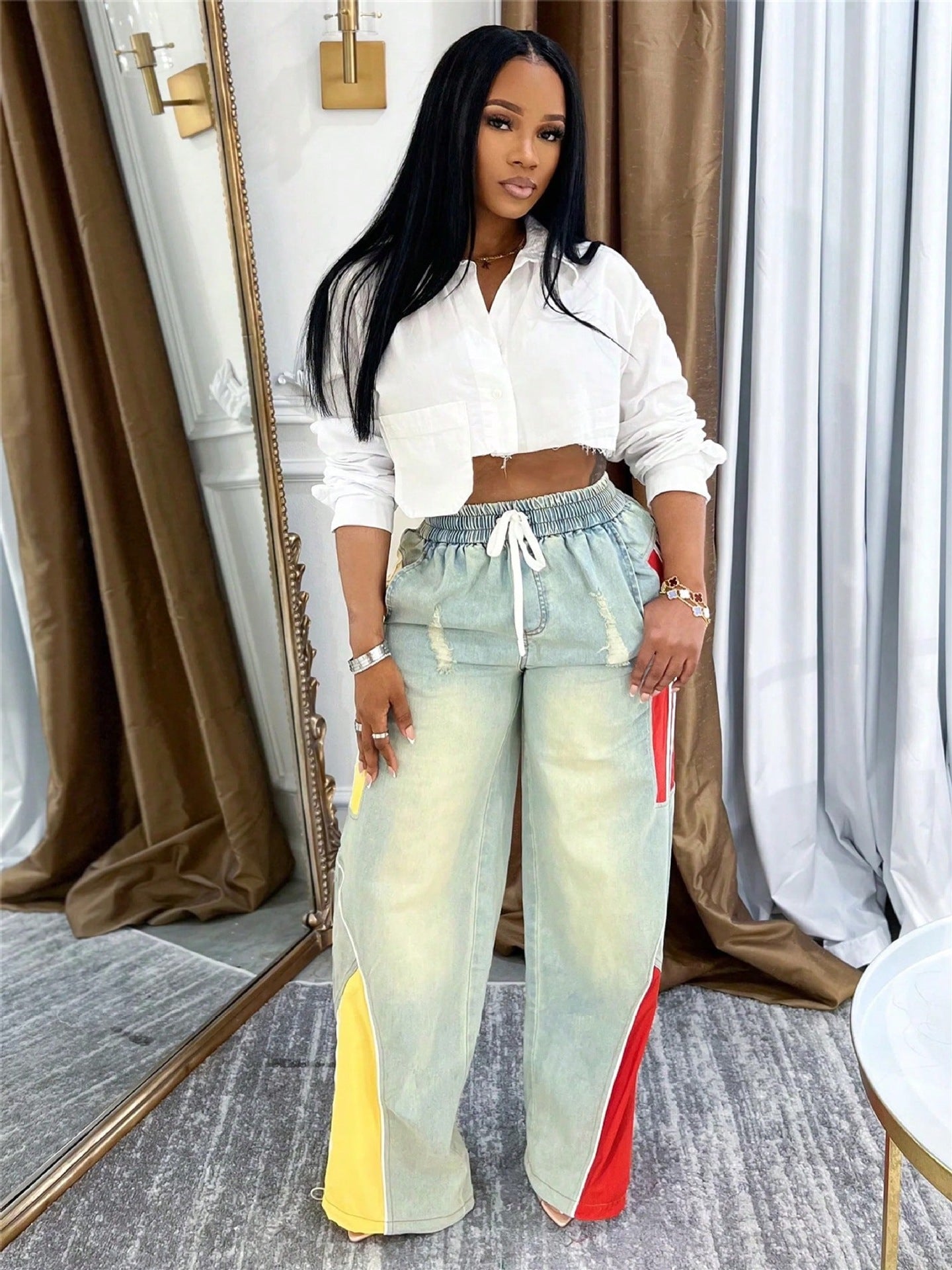 Women's Casual Drawstring High-Waist Contrast Patchwork Gradient Denim Pants 5