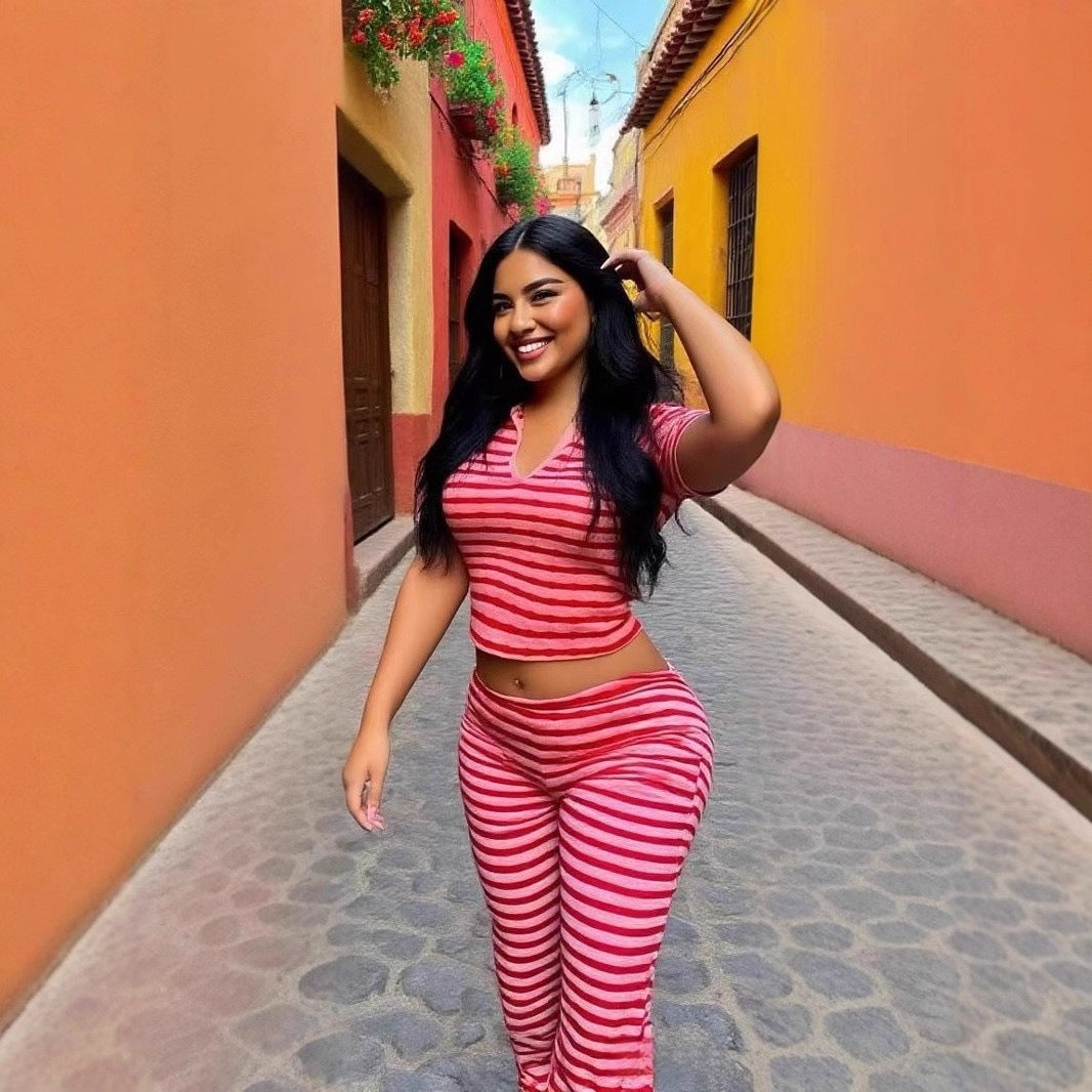 Fashion Turndown Collar Shirt & Striped Bell-Bottom Pants Summer Knit Set 10