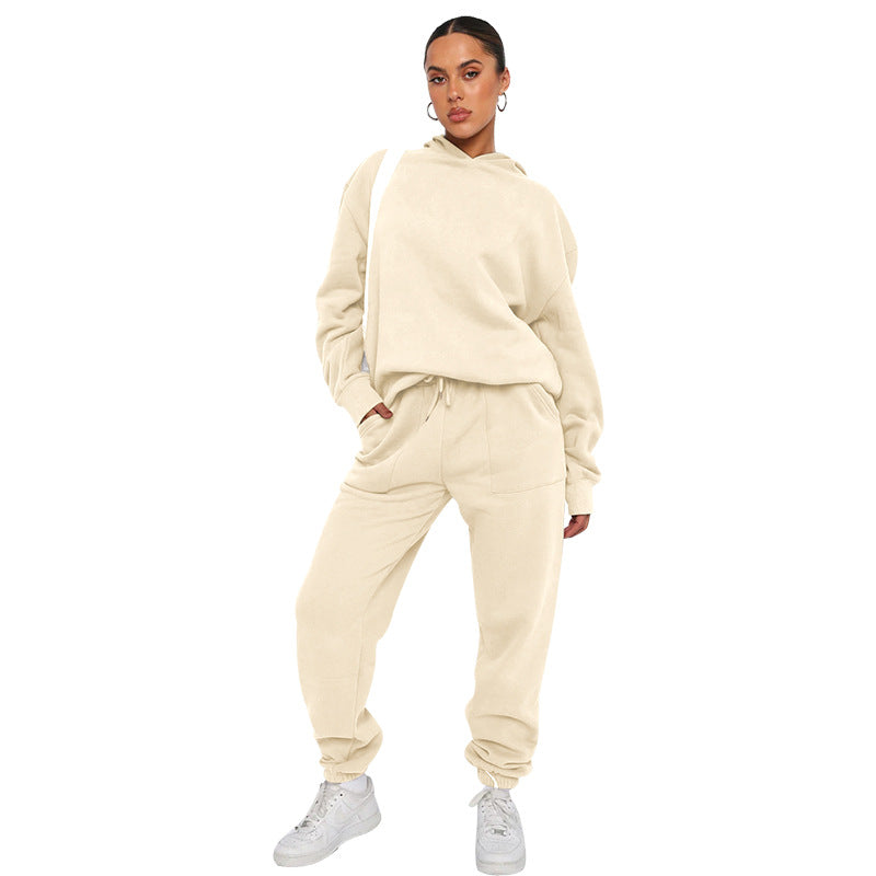 Fall Winter Solid Color Hooded Tracksuit Long Sleeve Hoodies Women's Fashion Casual Pant Two Piece Set 14