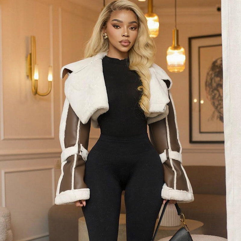 Autumn High Street PU Leather Patchwork Fur Collar Cropped Jacket 9