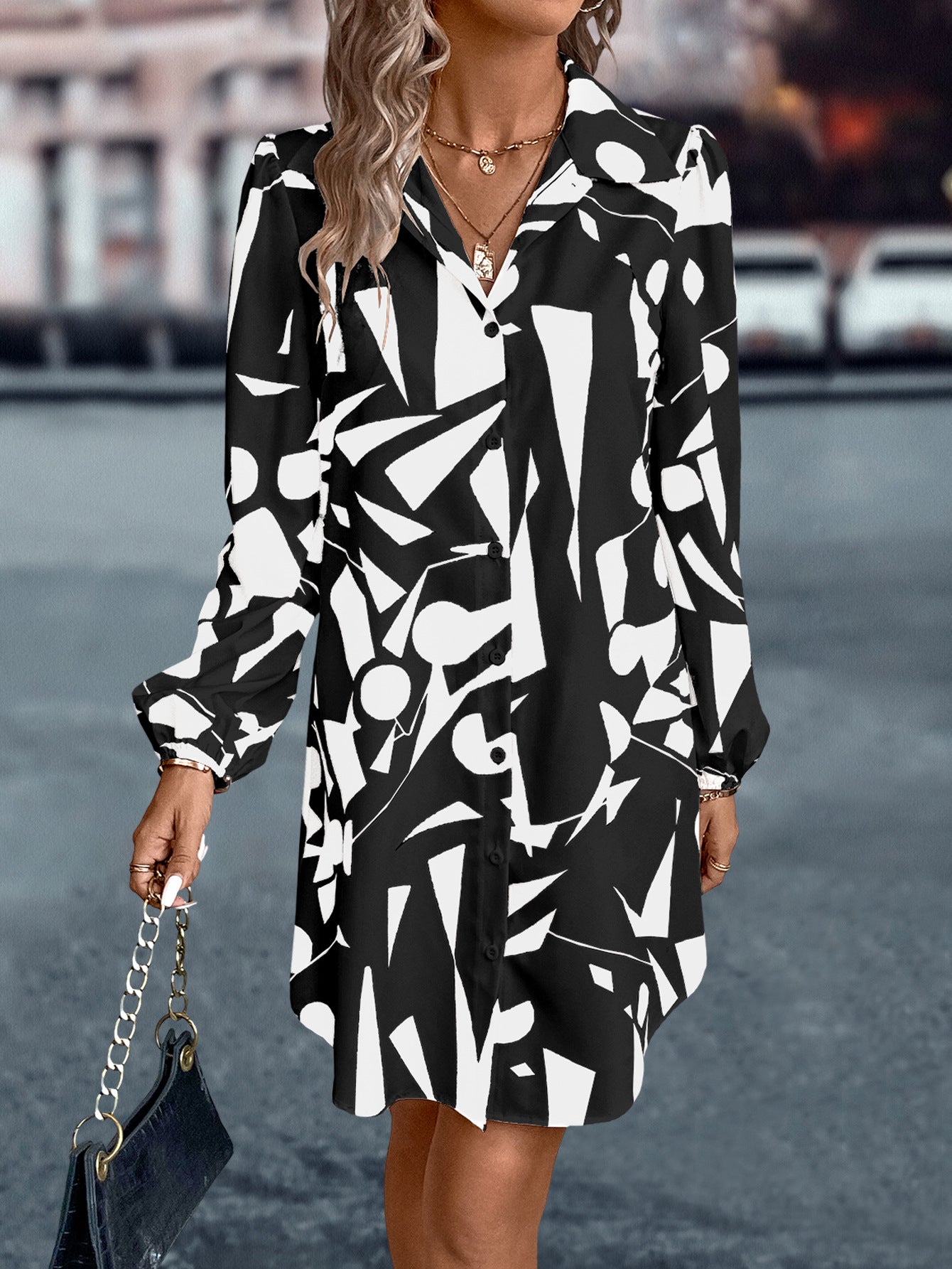 Autumn And Winter Women's  Turndown Collar Lantern Sleeve Printed Dress 6