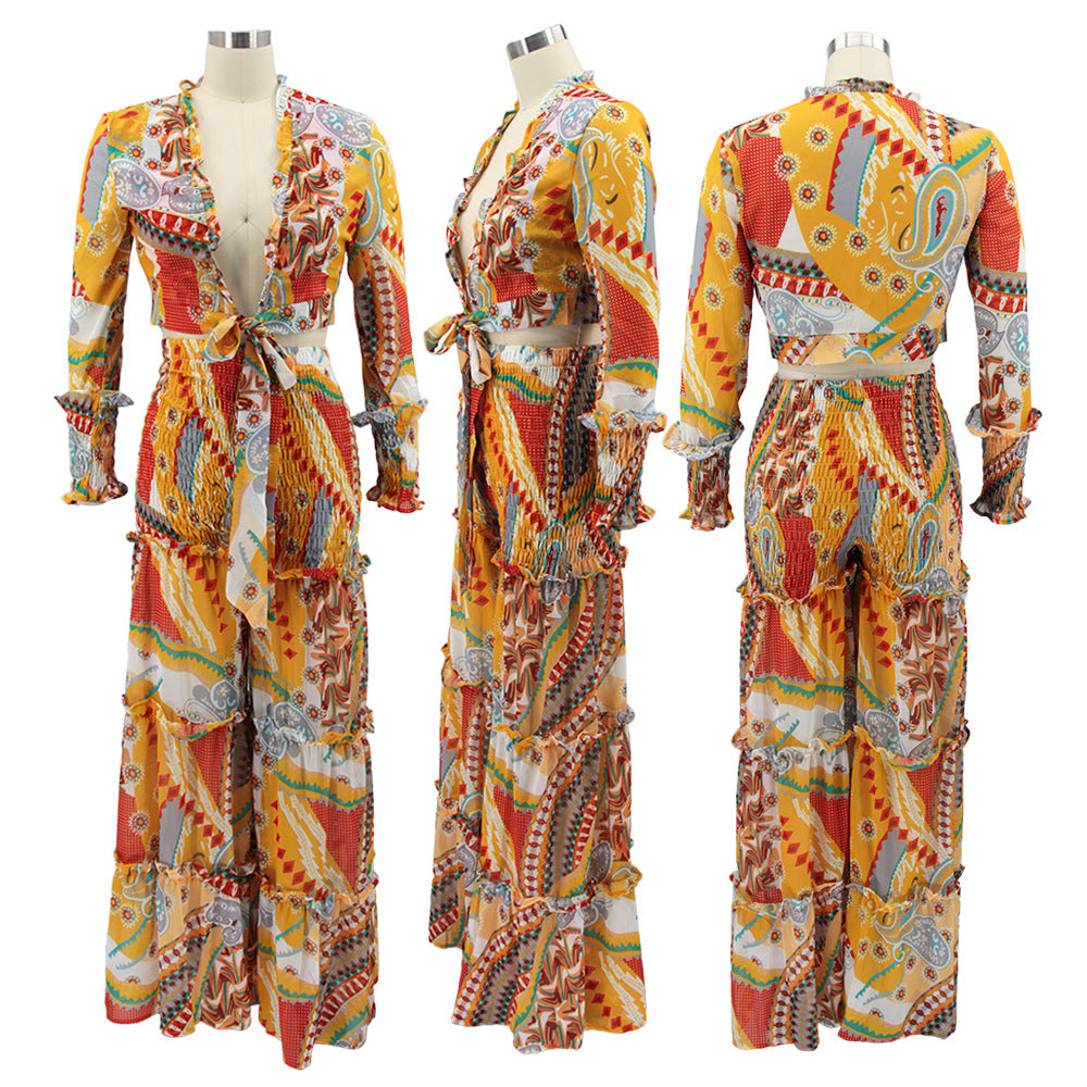 Women chiffon irregular printed long-sleeved top and wide-leg pants Casual two-piece set 16