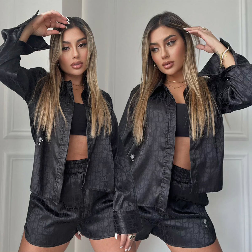 Women Elegant Satin Embroidered Long-Sleeved Top and Shorts Two-Piece Set 4