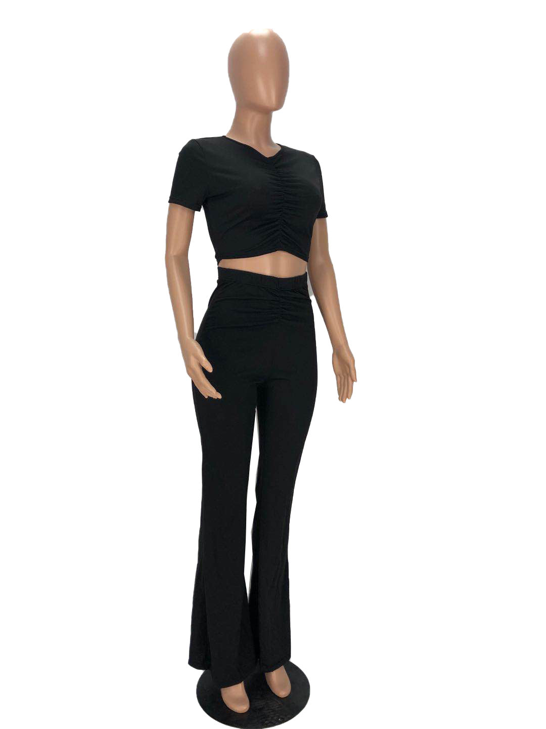 WomenPleat Short Sleeve Crop Top and Bell Bottom Pant Two-Piece Set 18