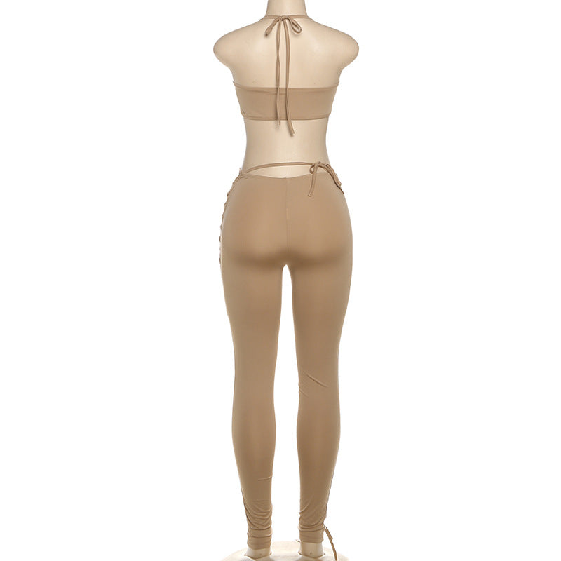 Women Fall Solid Halter Neck Lace-Up Top and Pants Two-piece Set 32