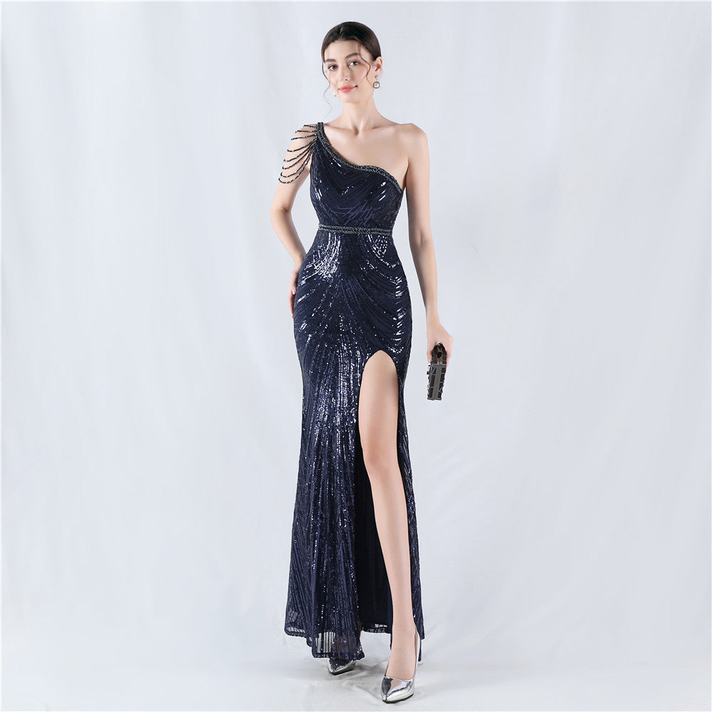 Women Flower Sequin Beaded One-shoulder Slash Shoulder Split Evening Dress 3