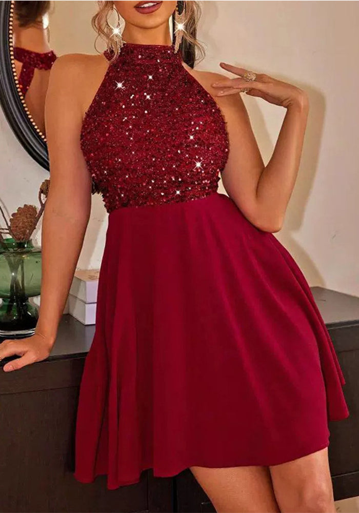 Summer Fashion Women's Beaded Halter Neck Short Dress