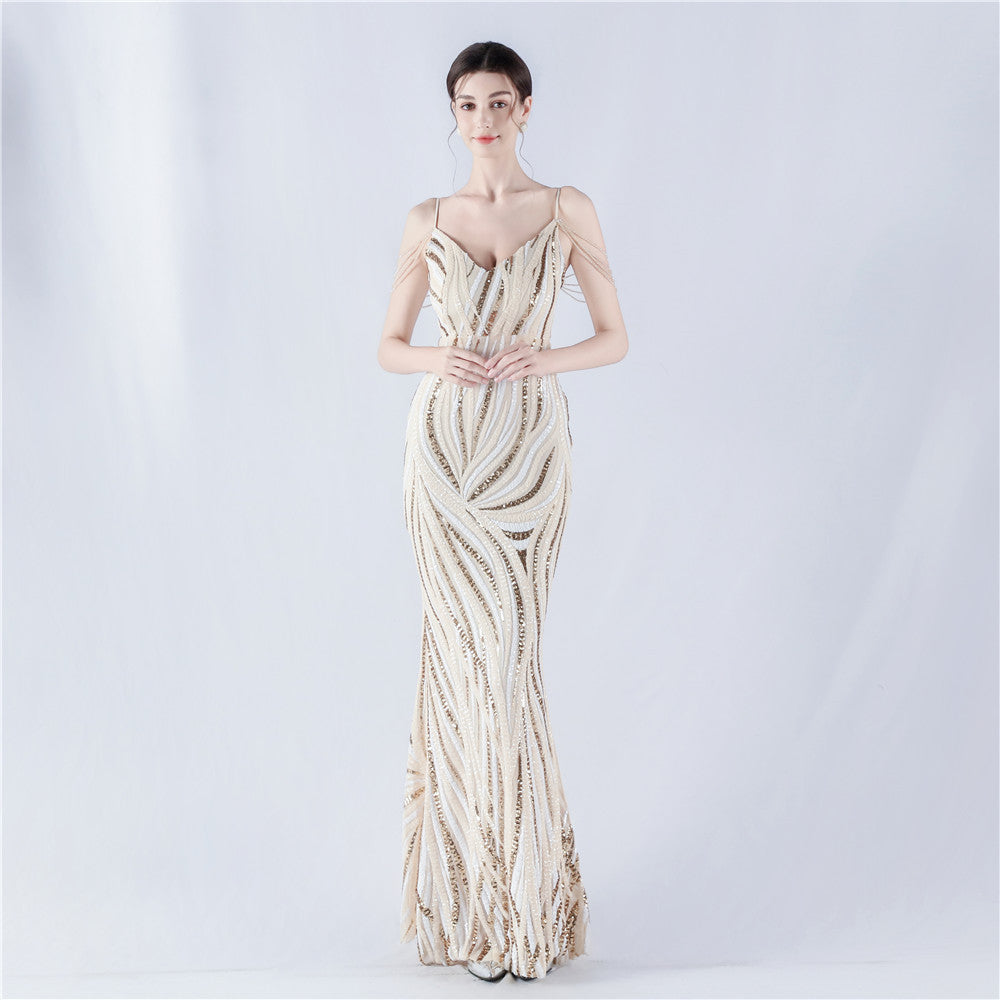 Women sequined striped color matching maxi evening dress 5