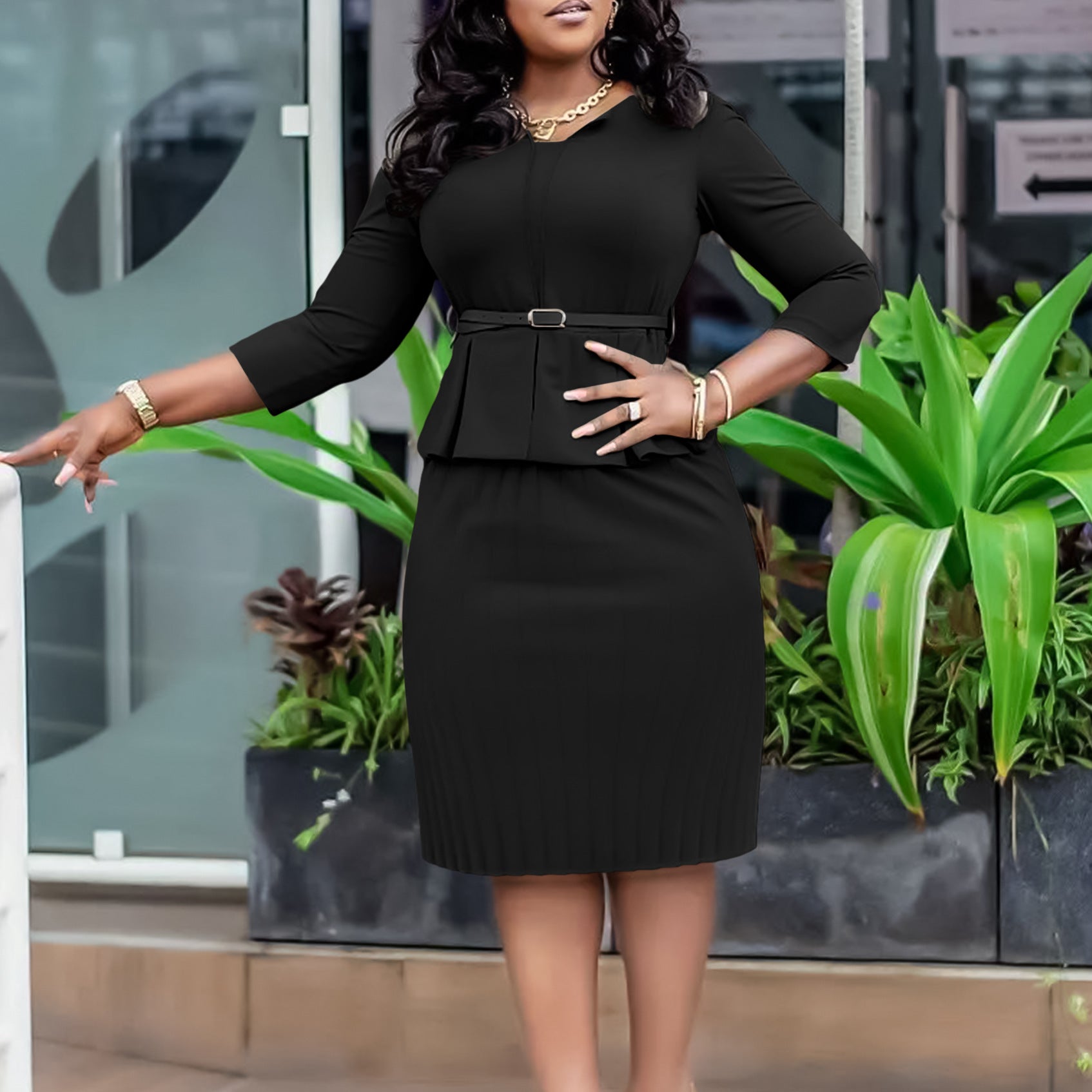 Winter Women's V-Neck Ruffled High Waist Slim Fit Pencil Dress 3