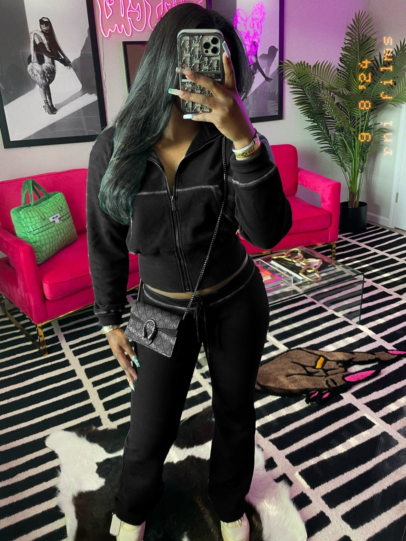 Women casual zipper long sleeve hoodies and pant two-piece set