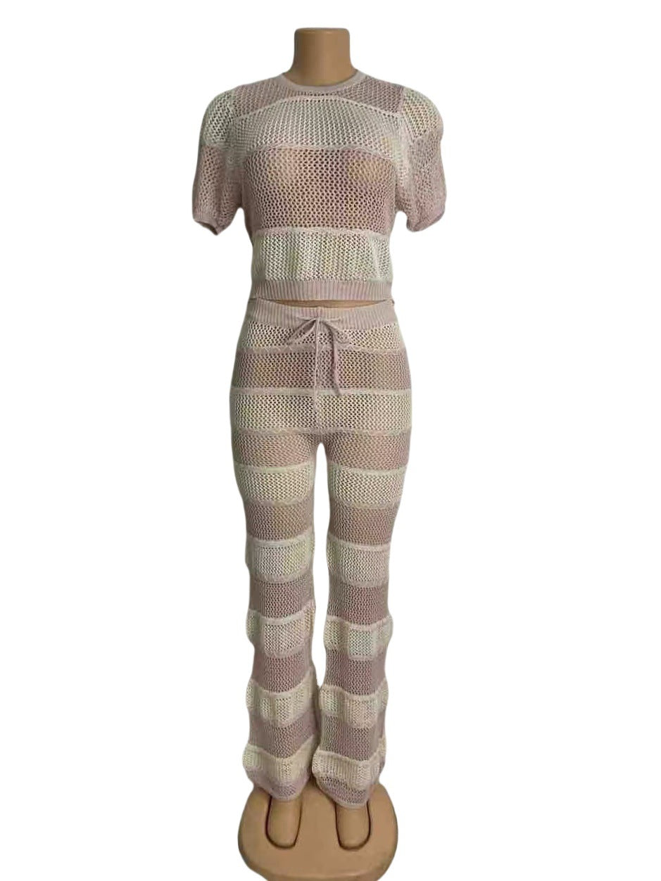 Women's Fashion Knit Cut-Out Short-Sleeve Pants Set Beach Outfit 14