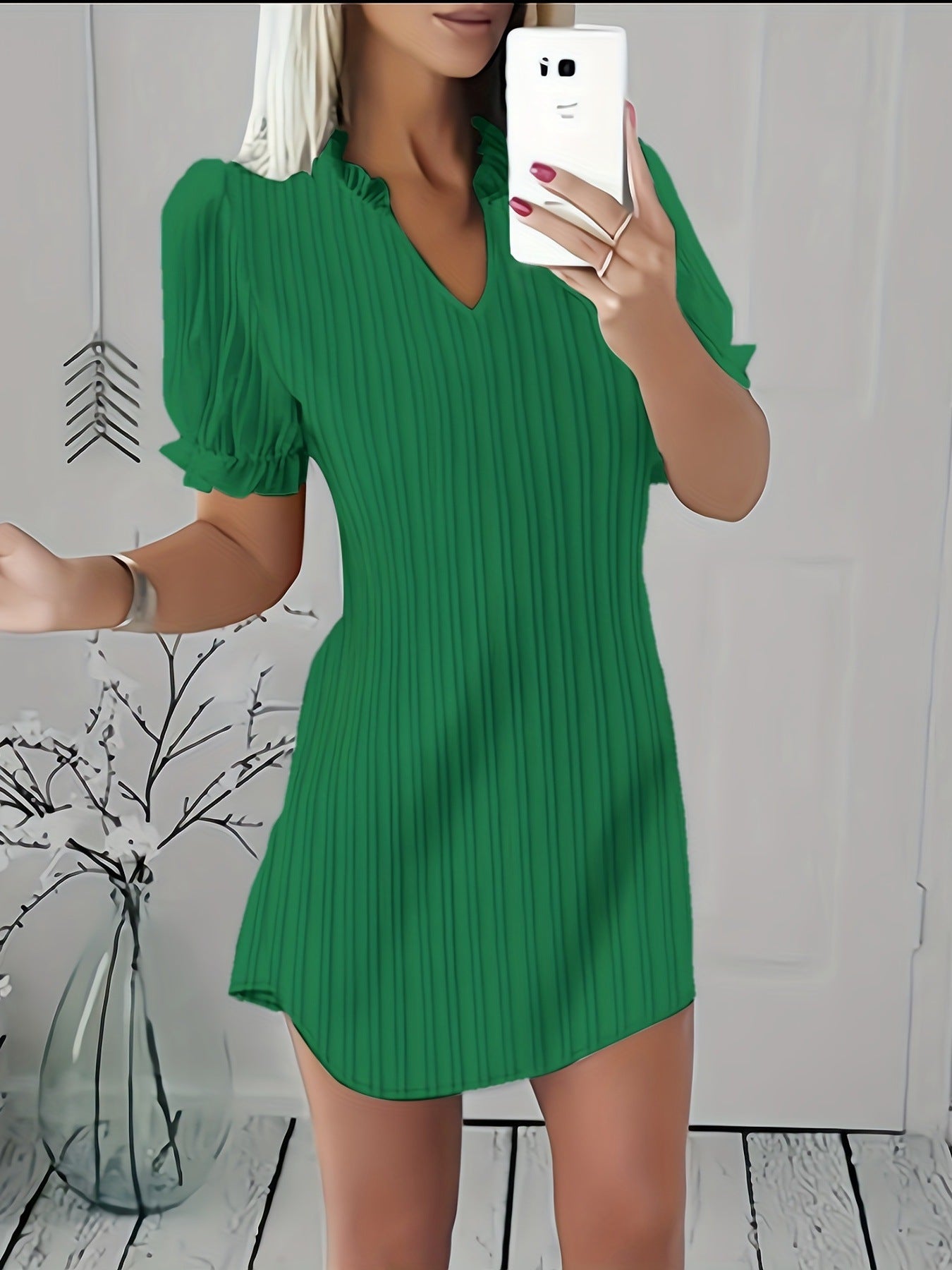 Autumn Fashion Solid Color V-Neck Ruffle Dress For Women 11