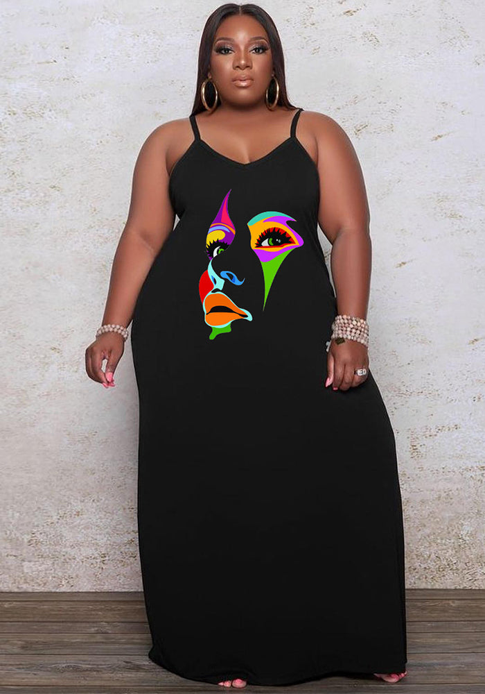 Plus Size Women'S Printed Straps Fashion Loose Dress