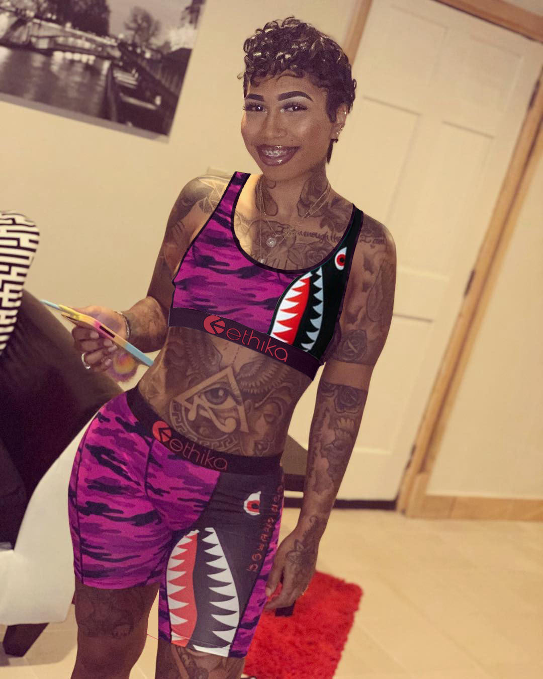 Cartoon Print Casual Camouflage Tank Biker Shorts Two-Piece Set 3