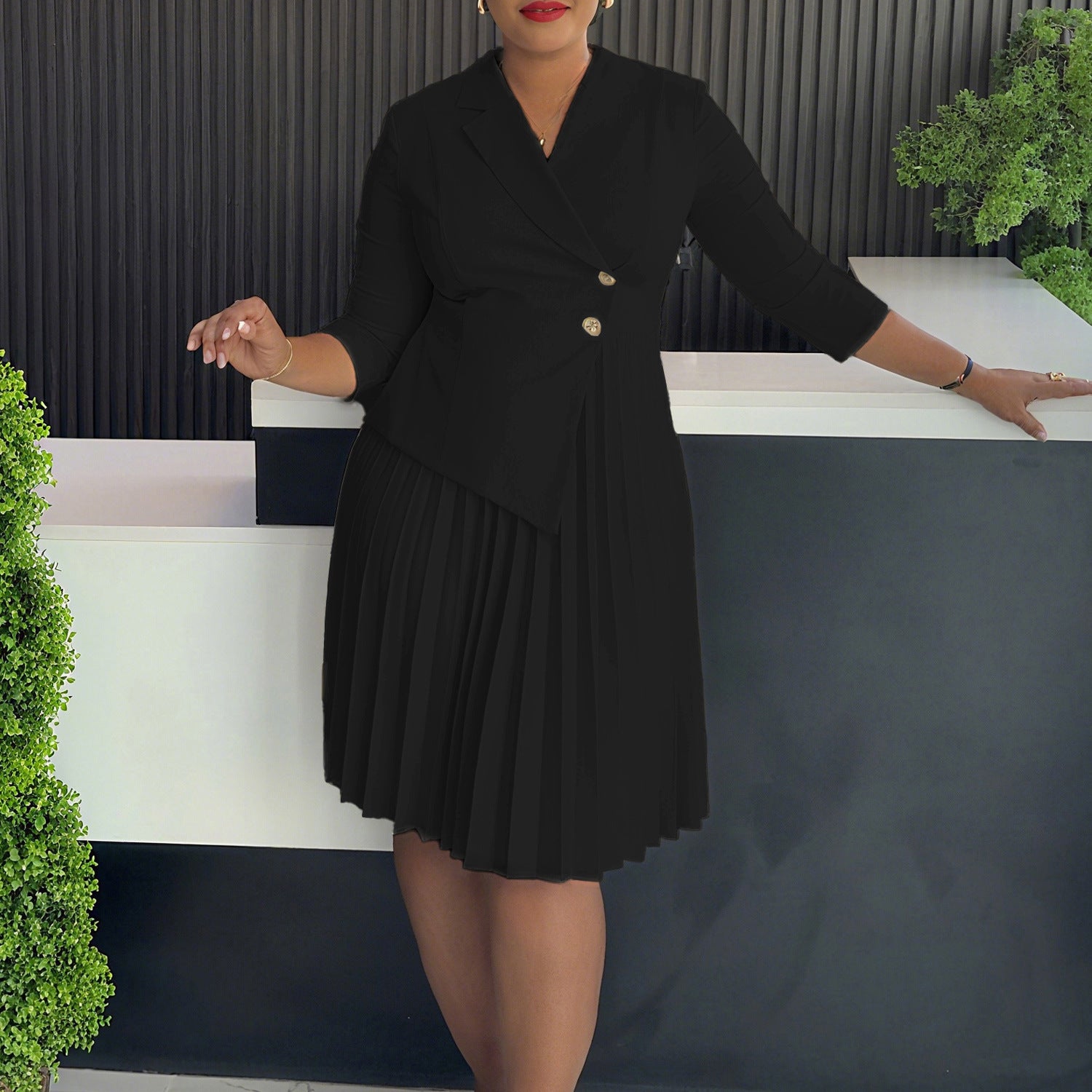 Plus Size Women Winter Turndown Collar Pleated Shirt Dress 6