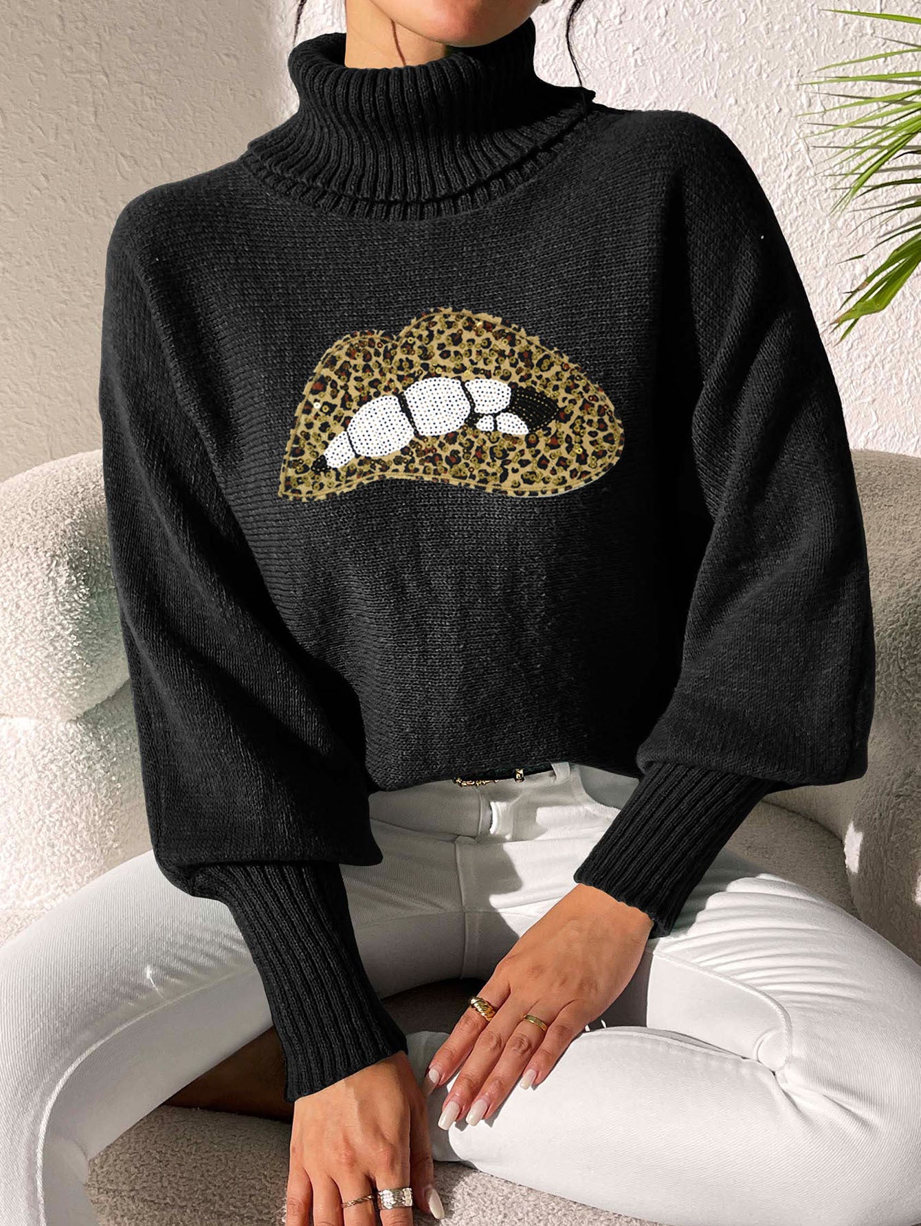 Autumn Winter Women's Sequin Lips Embroidery Turtleneck Pullover Sweater 14