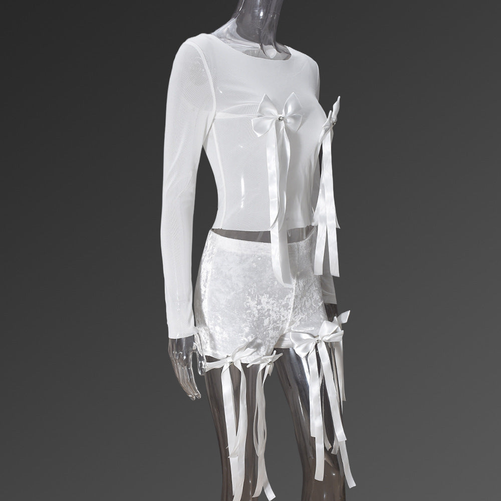Women Sexy Bow See-Through Top and lace Tassel Shorts Two Piece Set 7