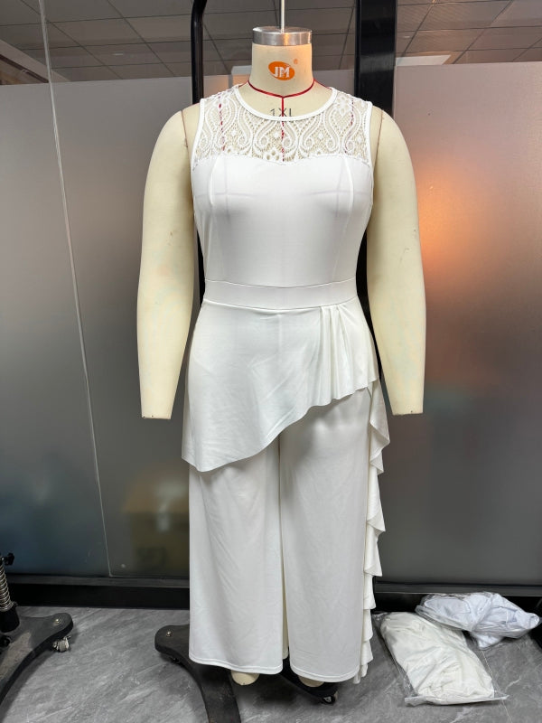 Plus Size Women Solid Career Lace  Loose Jumpsuit 7