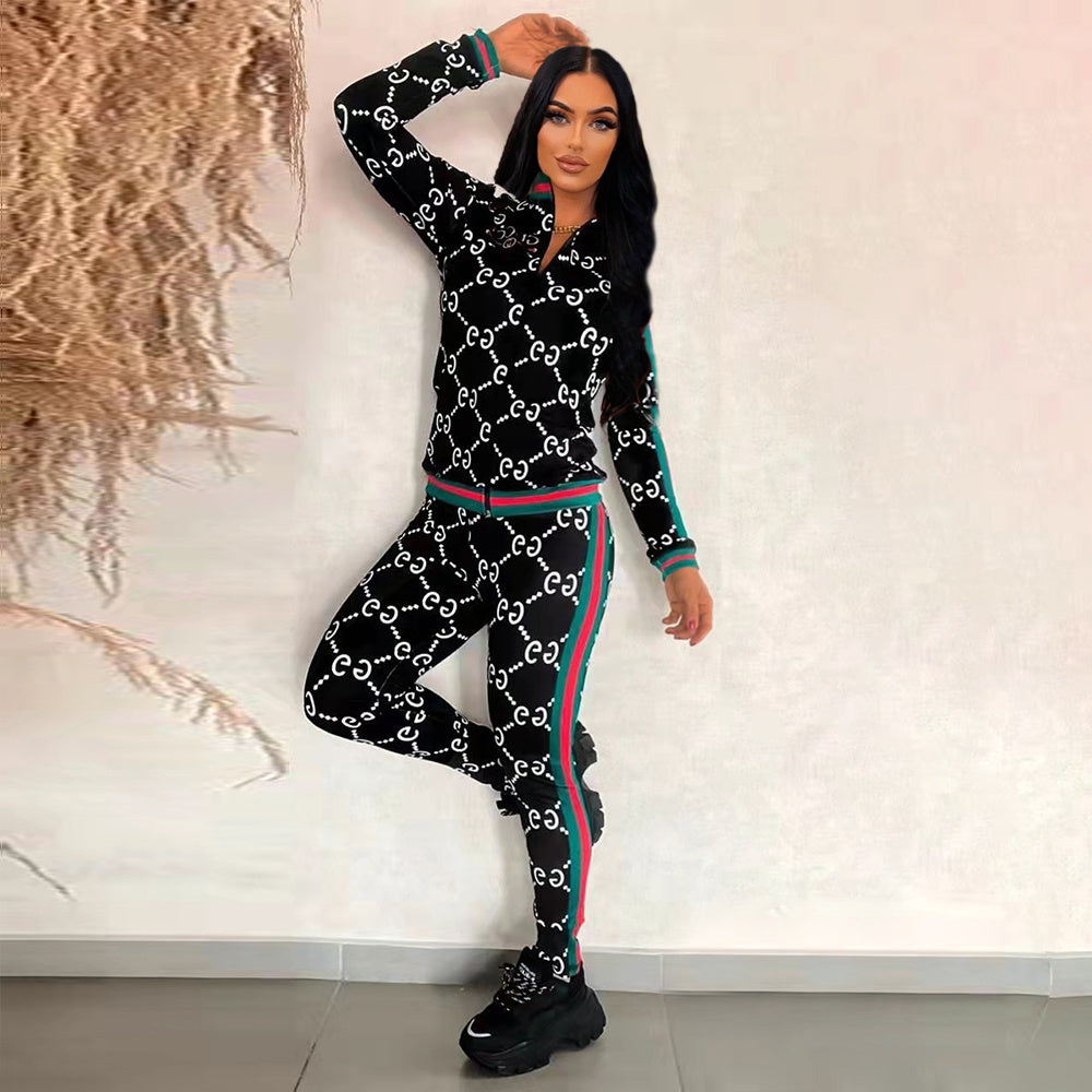 Women's Casual Chic Fashion Trendy Slim Fit Zipper Autumn Winter Jacket Two-Piece Pants Set