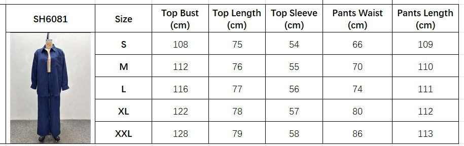 Women French Stripe Casual Long Sleeve Shirt Pants Two-piece Set 10