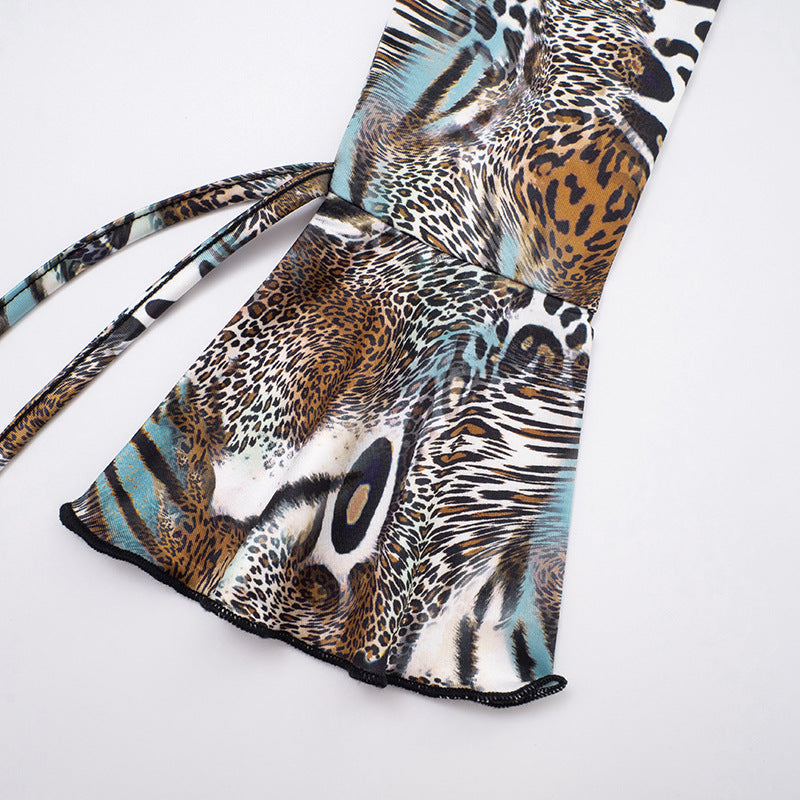 Women Fall Gradient Leopard Print Long-Sleeved Backless Top and Shorts Two-Piece Set 22