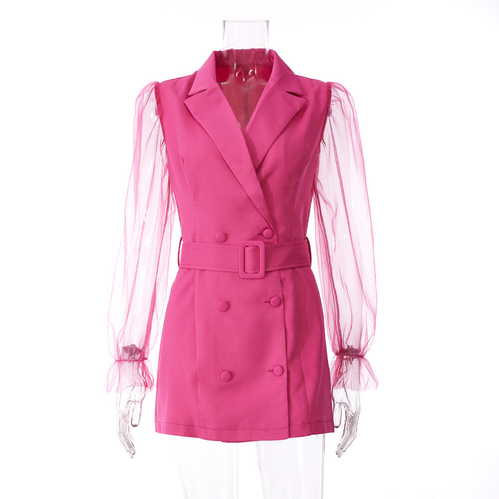 Spring Sexy See-Through Mesh Long Sleeve Double Breasted Slim Waist Chic Women Blazer Dress 26