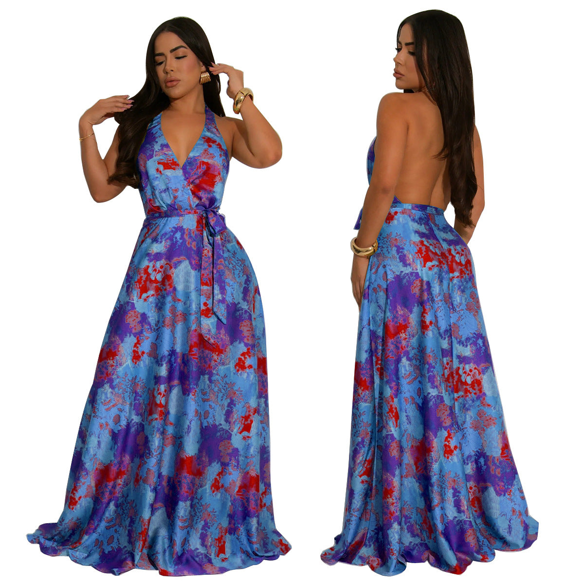 Women's V-Neck Halter Neck Sexy Low-Back Print Maxi Dress 3
