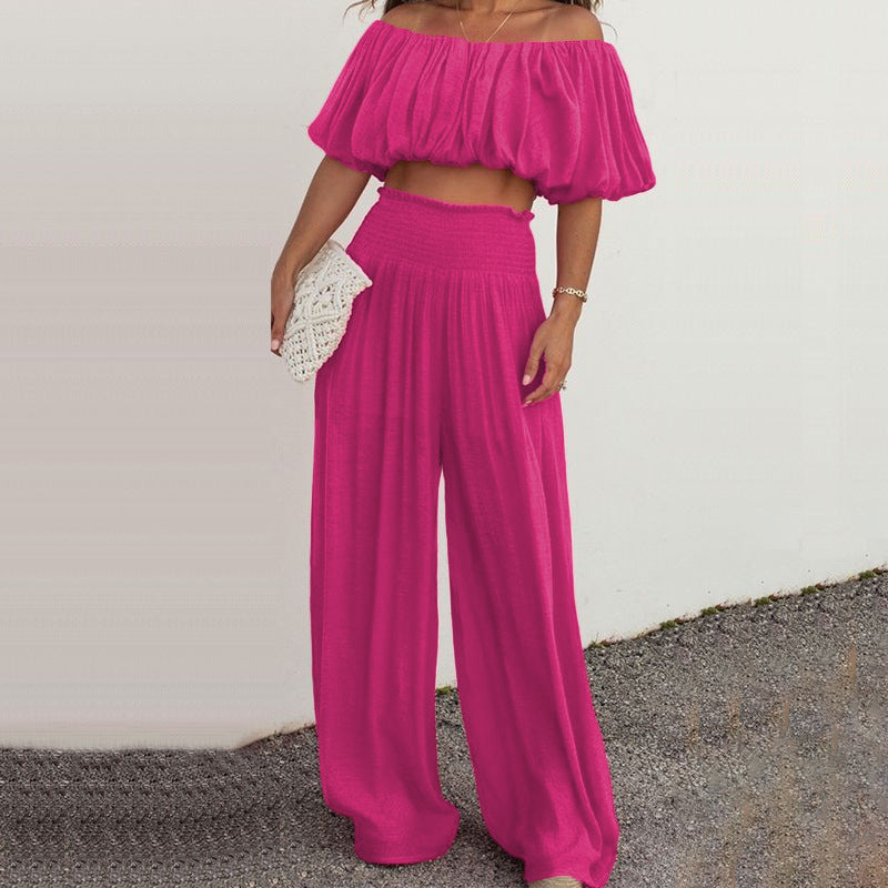 Spring Women's Fashion Casual Off Shoulder Top + Wide Leg Trousers Two-Piece Set 10