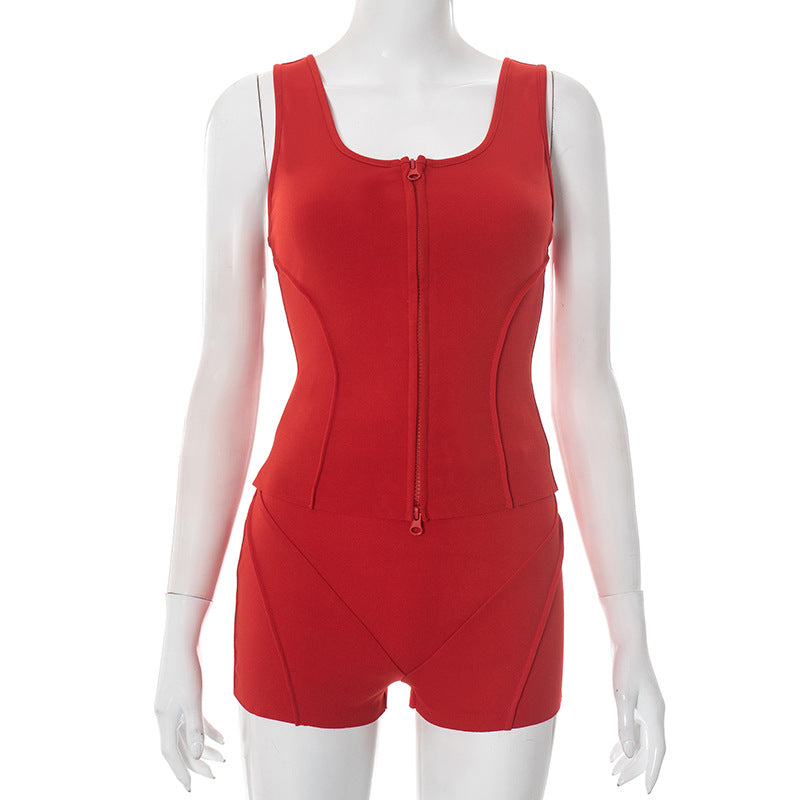Women Sleeveless Zipper Vest Top and Shorts Two-piece Set 7