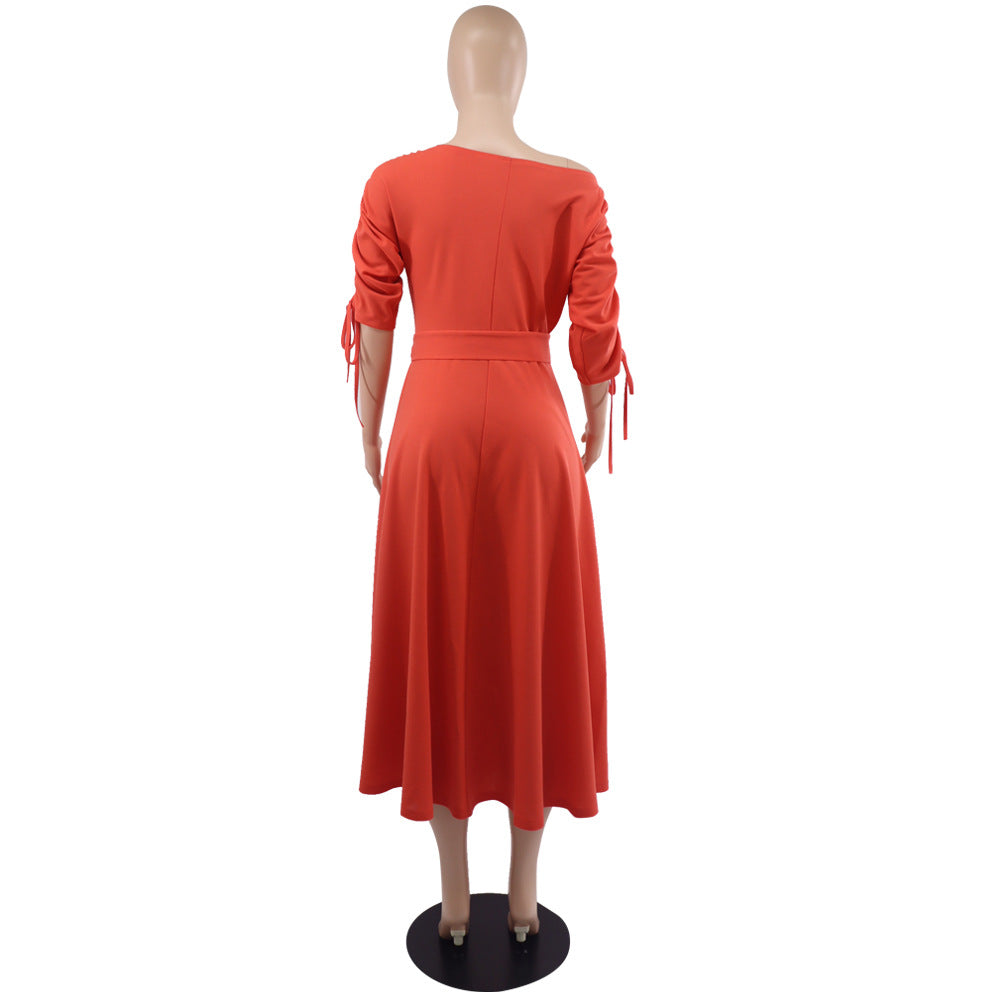 Slash-Shoulder Slim Waist Midi Casual Dress 10