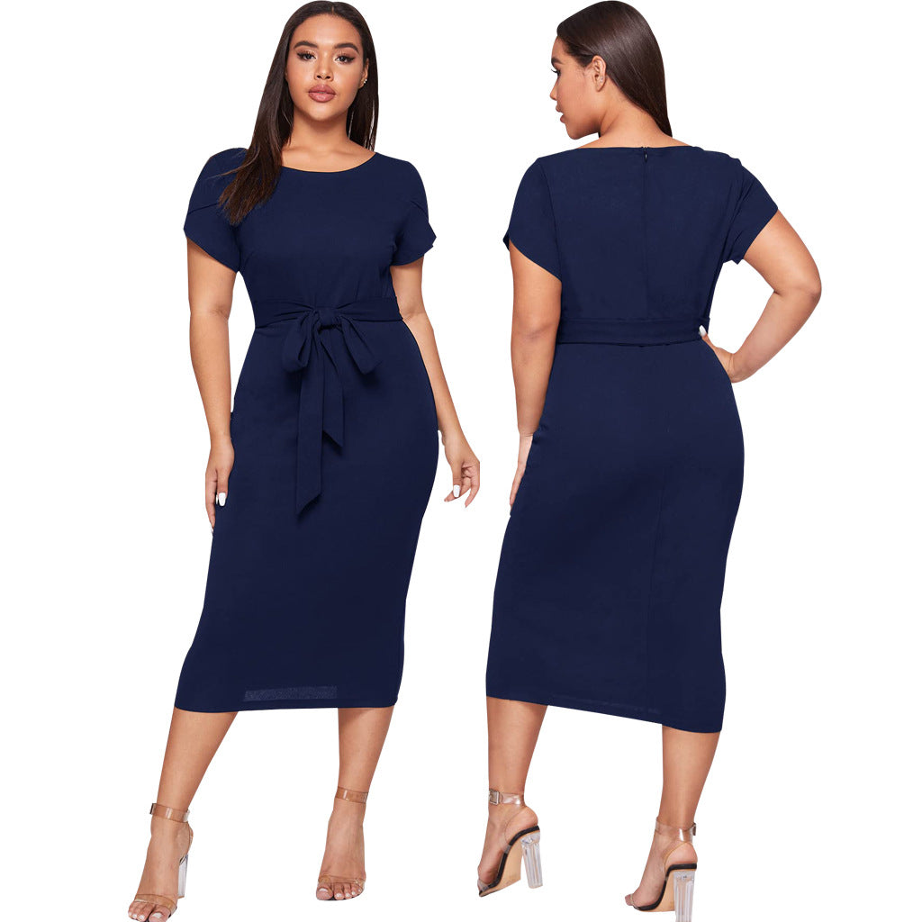 Women Round Neck Belted Short Sleeve Midi Dress 9